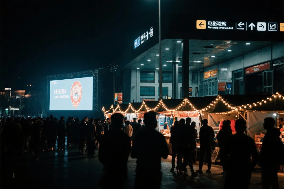 费城球迷广场夜景：大屏观赛人群、步行指示牌与公共交通入口